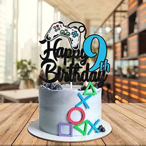 GZBJMYGS Happy 9th Birthday Cake Topper Party Video Games Decorations Black Blue Glitter - Cheers to 9 Years Level Up Theme Game On Winner Supplies for Boys or Girls