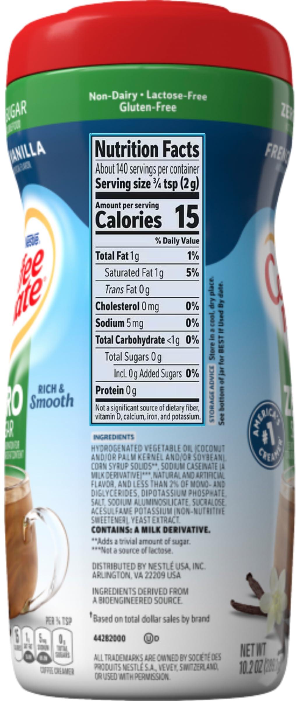 By The Cup Coffee mate French Vanilla Zero Sugar Powdered Creamer, 10.2 oz Canister (Pack of 2) with By The Cup Coffee Scoop