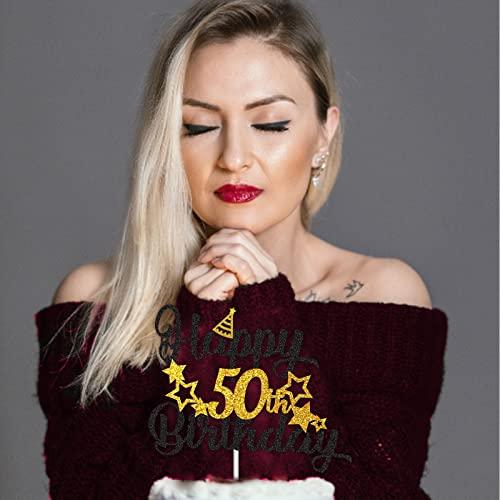 YunJingJia 50th Birthday Cake Topper, Black Gold Glitter Cupcake Topper for Happy 50th Birthday Party Decorations Supplies for Men or Women