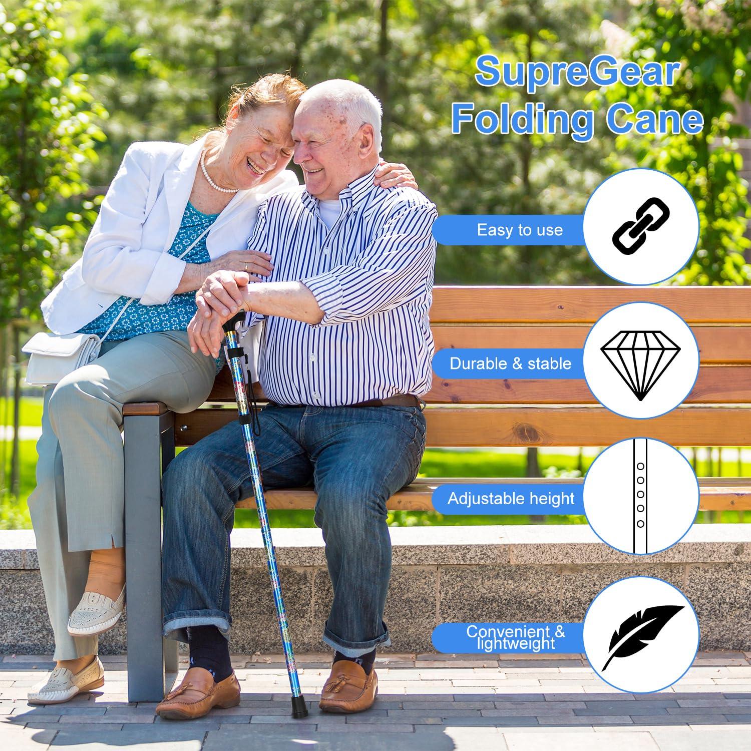 supregear supregear Folding Cane, 5-Level Adjustable Height Walking Stick Lightweight Portable Cane Travel Cane with Wrist Strap and T Handle for Elderly Disabled Men Women
