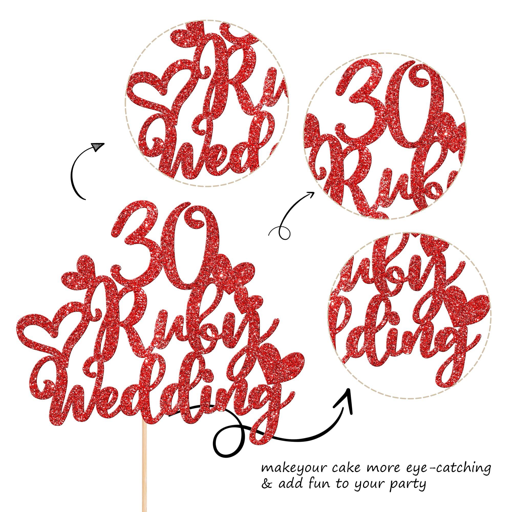 ZHUOWEISM 1 PCS 30 Ruby Wedding Cake Topper Glitter Red 30 Ruby Years Cake Pick Decoration for Happy 30th Anniversary Wedding Party Cake Decorations Supplies