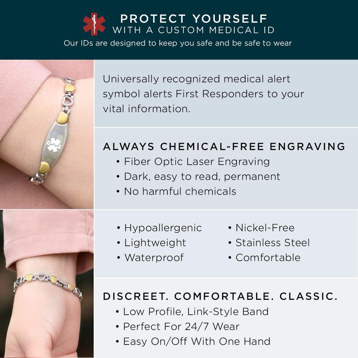 Lauren's Hope Medical Alert Bracelets For Women, Stainless Steel Gold and Silver Heart Link Bracelet, Free Custom Engraving, 1 Year Warranty, Stylish and Waterproof, Lauren\'s Hope Medical ID, 7.5 inch, no gemstone
