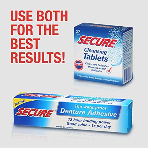 Secure Secure Anti-Plaque Cleansing Tablets PH Formula Removes Odors, Stains, Bacteria, Germs - Deeply Clean Dentures, Partials, Nightguards, Retainers in 5 Minutes - Zinc Free - 32 Tablets (1 Pack)