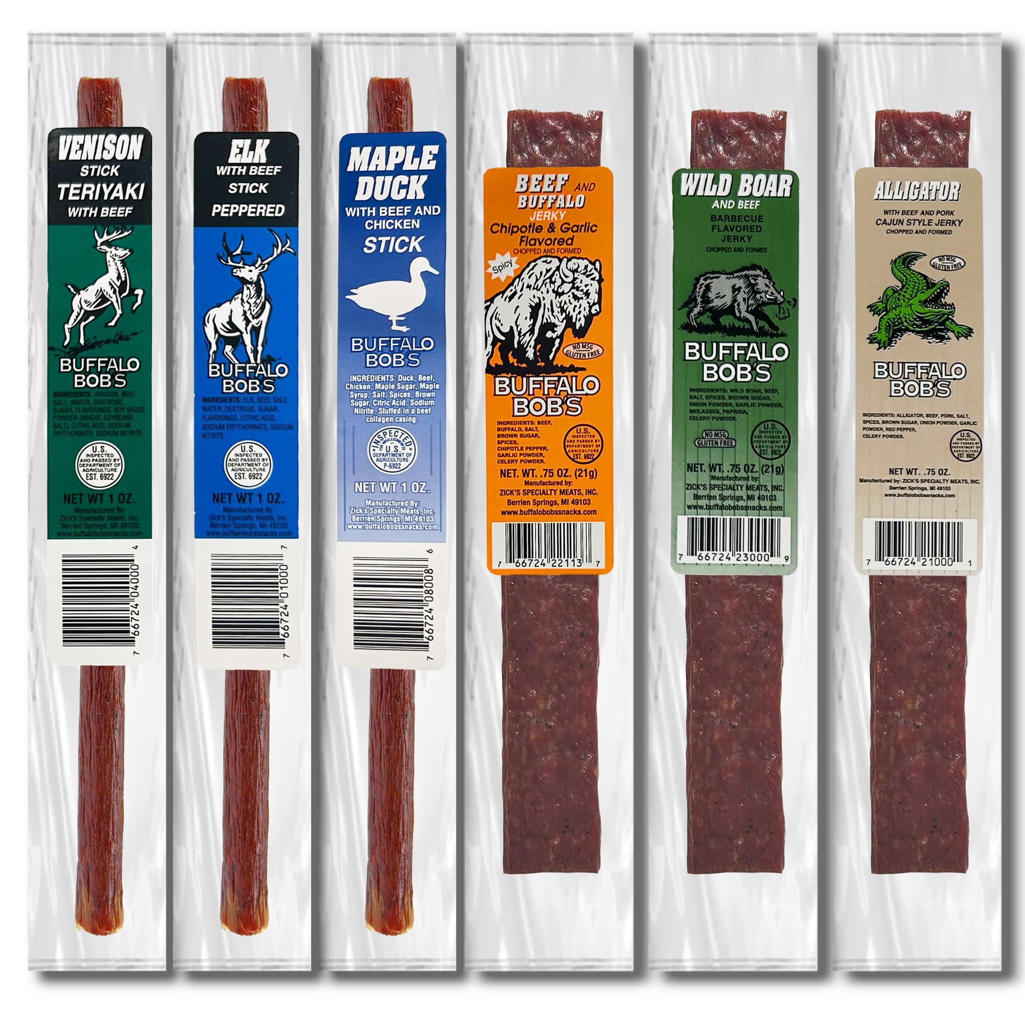 Jerky-n-Spice Buffalo Bob\'s Wild Game Exotic Snacks (6 Pack), Beef Jerky Sampler Gift Pack for Men, Jerky Variety Gift Set, Jerky Snack Box, Meat Gifts for Men, Bison Jerky for Humans, Jerky Packs, Keto Gifts