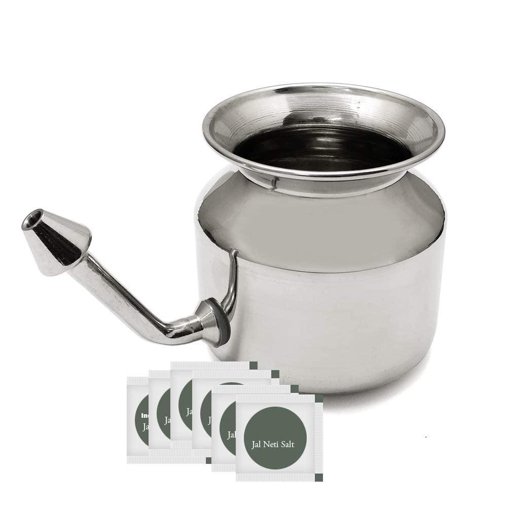 Generic Stainless Steel Ayurvedic Jala Neti Pot for Sinus Congestion with 10 Sachet of Salt Plus (1 Item)
