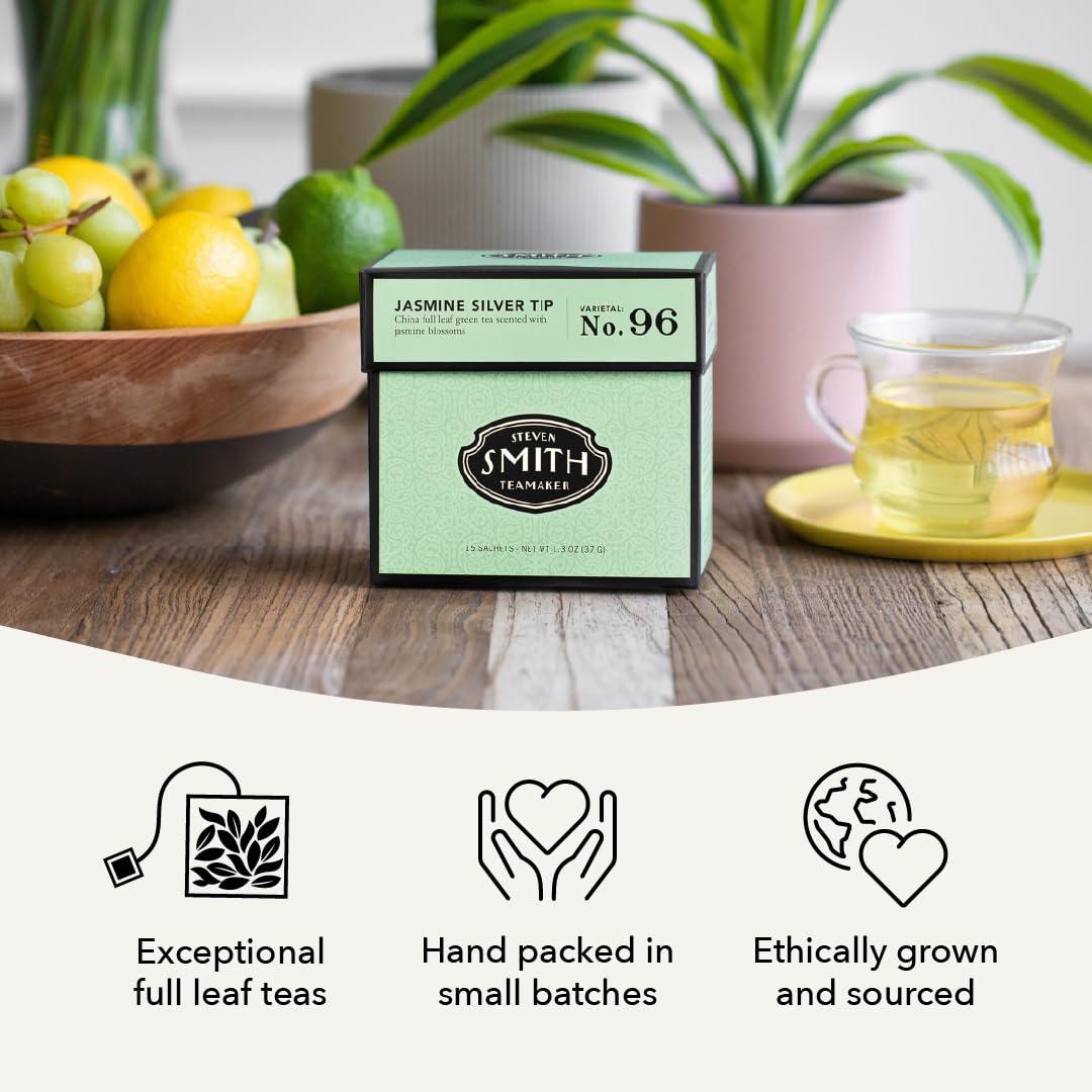 STEVEN SMITH TEAMAKER Smith Teamaker | Jasmine Silver Tip No. 96 | Caffeinated Green Tea with Jasmine Blossoms | Scented Full Leaf Green Tea (15 Sachets, 1.3oz each)