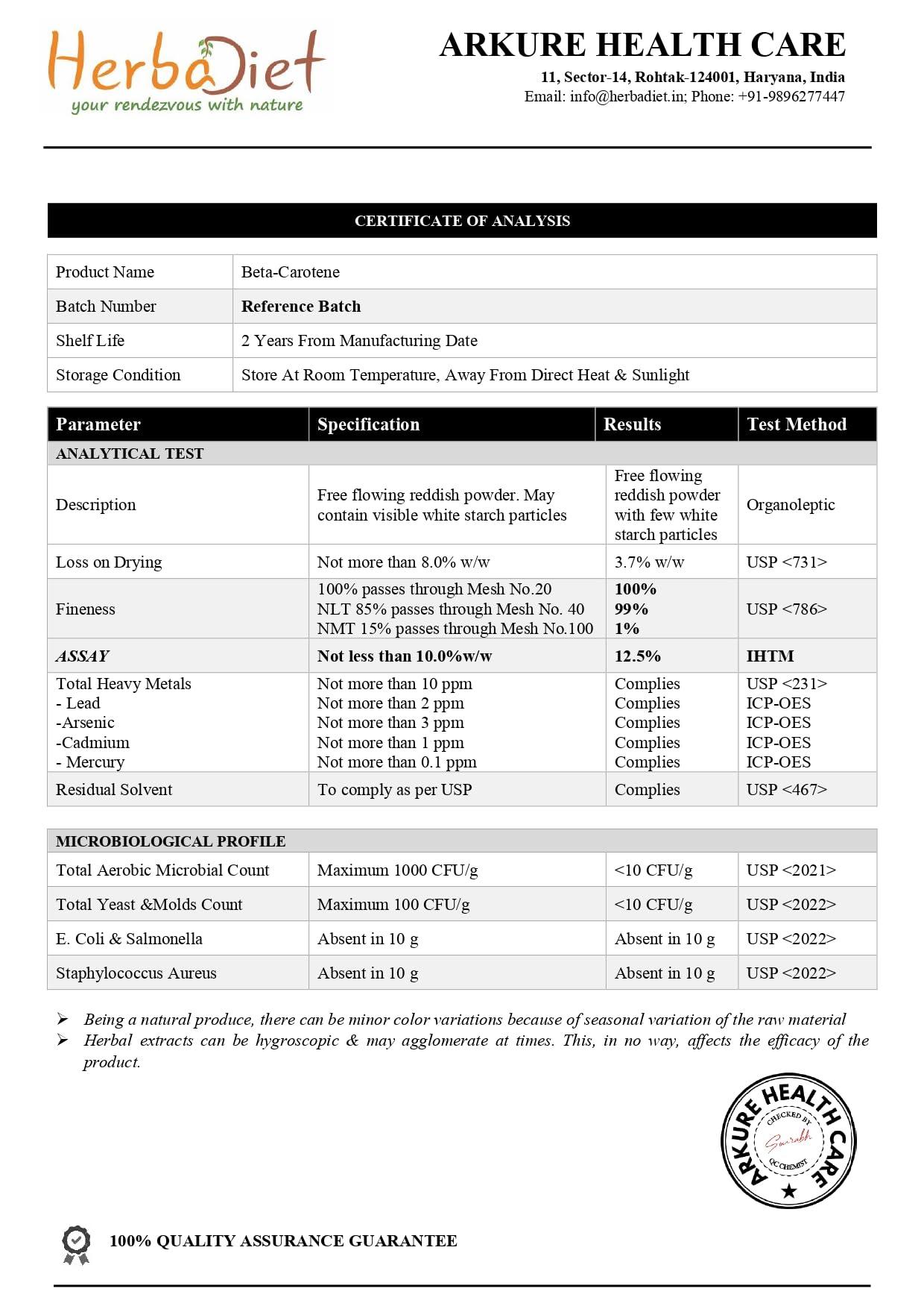 Herbadiet Beta Carotene 10% Vitamin A 25000 IU Powder | Immune System Support, Antioxidant Supplement | Cartenoids for Healthy Vision, Eyes & Skin | 100% Natural Betacarotene (1.76 oz - 50 gram)