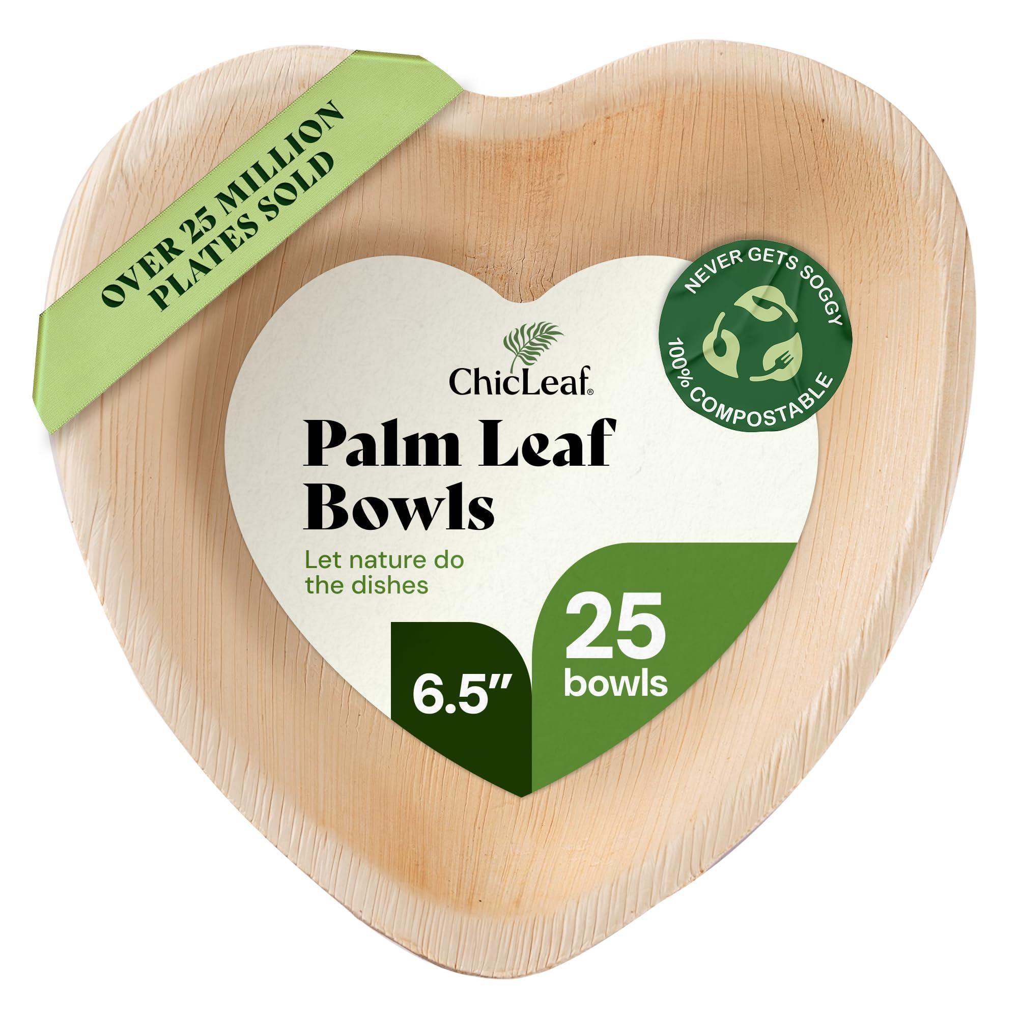 Chic Leaf Chic Leaf Palm Leaf Bowls Disposable Bamboo Heart Shaped Bowls 6.5 Inch Heart Dish (50 Heart Bowls) - Compostable Heart Shaped Plates - Cute Plates For Catering, Charcuterie, Parties
