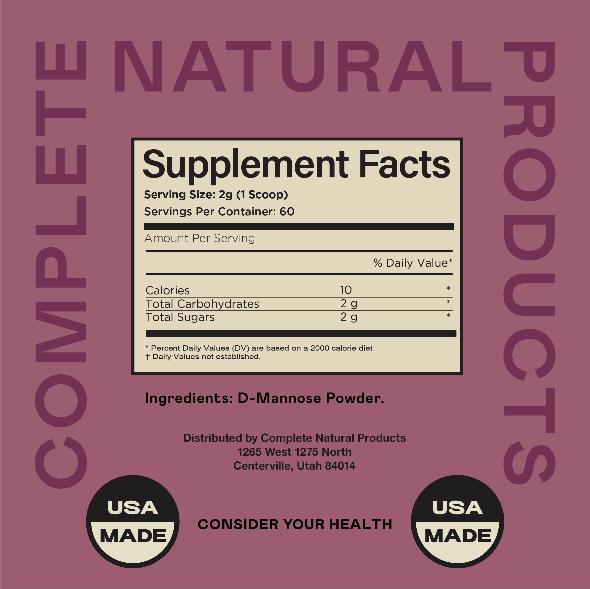 Complete Natural Products Pure D-Mannose Powder Supplement - D-Mannose 4oz (113g) About 60 Servings for UTI, Natural Bladder, & Urinary Tract Health