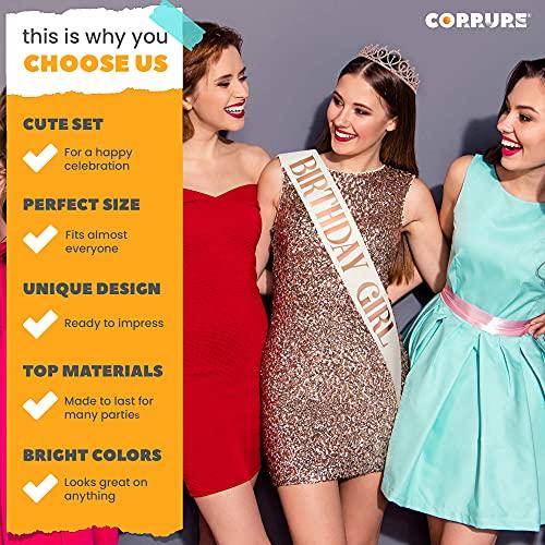 CORRURE CORRURE 'Birthday Girl' Sash, Rhinestone Tiara, and Cake Topper Set - Happy Birthday White Glitter Sash and Crown for Women's Sweet 16, 18th 21st 25th 30th 40th 50th or Any Other Bday Party