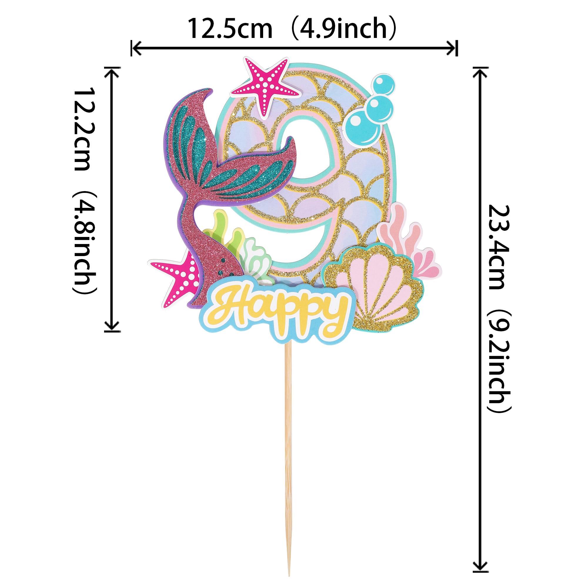 YCTHUNFISH 1 Pack Mermaid Cake Topper 9th Birthday Cake Pick Happy Birthday Ocean Sea Creature Mermaid Cake Decoration for Kids Nine Birthday Baby Shower Summer Party Supplies