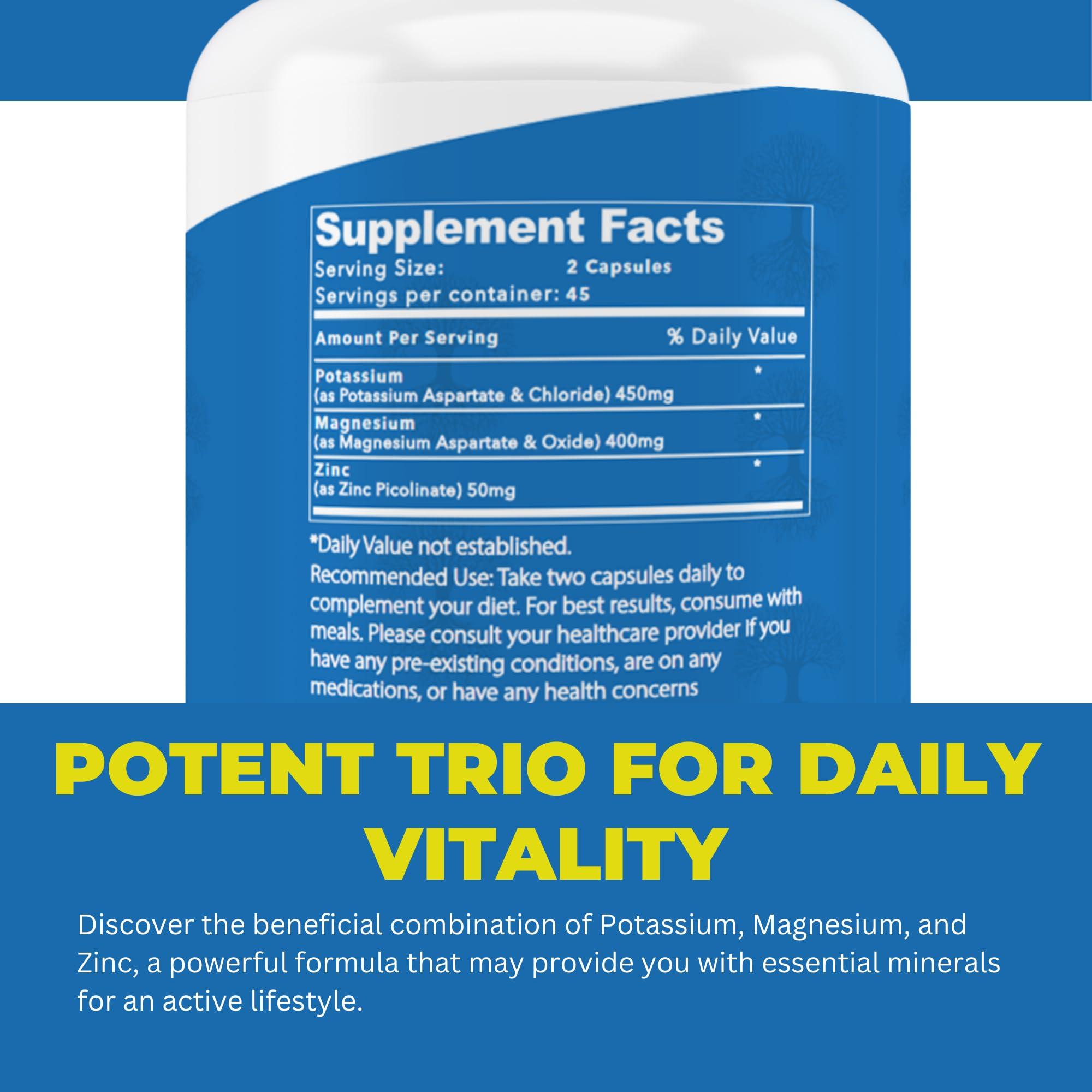 LifeStrength Life Strength Magnesium Potassium Supplements + Zinc 90 Capsules for Vascular Health High Absorption Vegan, Natural ingredients Supplement for Leg Cramps and Sleep