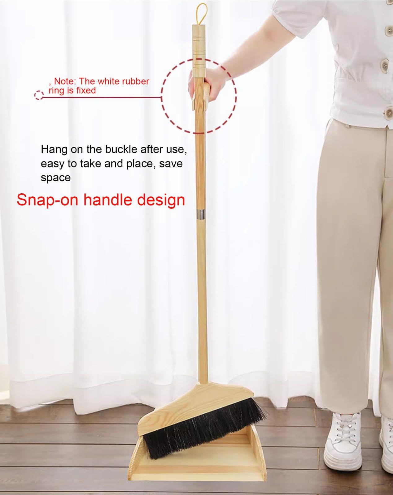 VIDECOR VIDECOR Wooden Broom and Dustpan Long Handle Bristles Upright Set for Home Kitchen Lobby,Household Dust Pan Combo, for Indoor Outdoor Household Cleaning and Sweeping