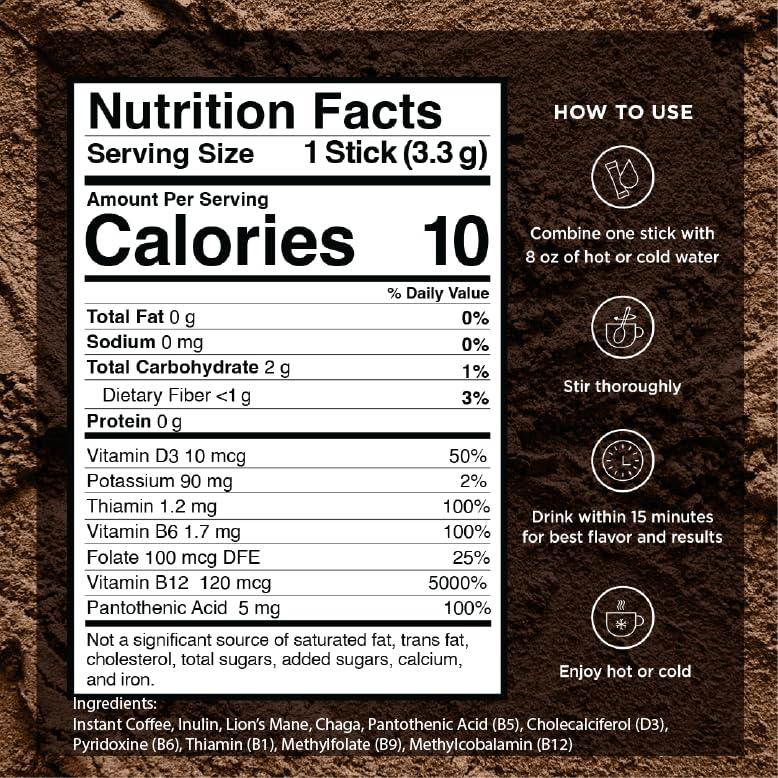 VitaCup VitaCup Focus Mushroom Coffee Instant Packets, for Memory & Clarity Support, w/Fiber, Chaga, Lions Mane, D3, B Vitamins, Medium Roast, 100% Arabica & Robusta Coffee in Single Serve Sticks, 24 Ct