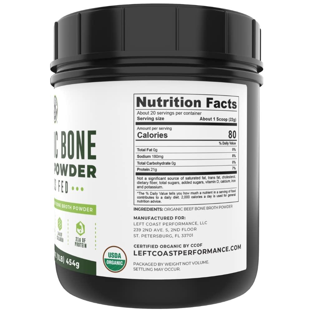 Left Coast Performance 16oz Organic Bone Broth Protein Powder From Grass Fed Beef - USDA Certified Organic, Single Ingredient, Rich in Collagen, Glucosamine, No Additives, Perfect for Carnivore, Paleo, and Keto Diets