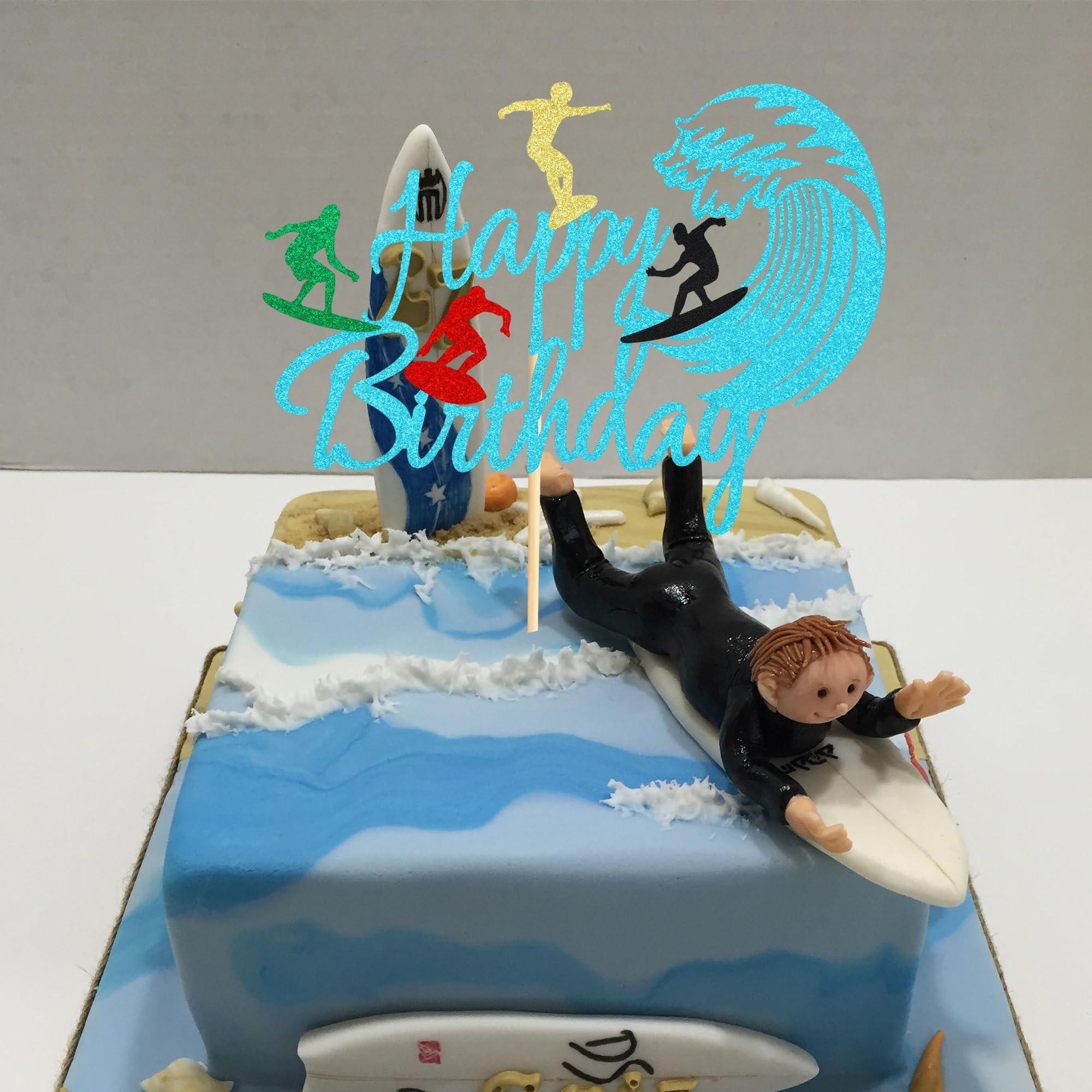Arthsdite Arthsdite 1 Pc Surfing Happy Birthday Cake Topper, Surfboard Birthday Cake Topper for Summer Hawaii Beach Surfing Sports Surfer Themed Party Decorations - Blue Glitter