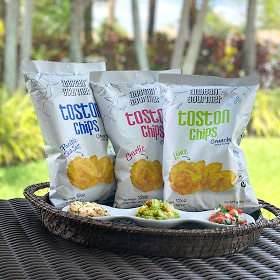 Andean Gourmet ANDEAN GOURMET Toston Chips 10oz (Pack of 3) Variety (Pacific Sea Salt, Garlic and Lime) - Gluten Free, All Natural, NON-GMO and Kosher - Plantain Dipping Chip