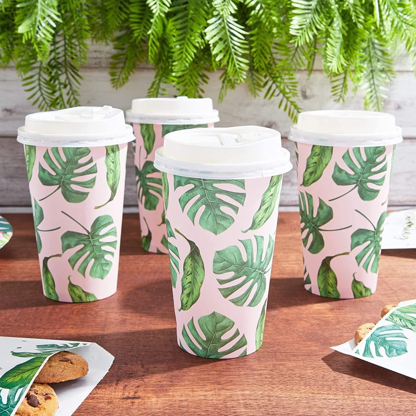 BLUE PANDA BLUE PANDA Disposable 16 oz Coffee Cups with Lids - Paper To-Go Coffee Cups for Themed Birthday Party, Wedding, Baby Shower - 48-Pack Tropical Design