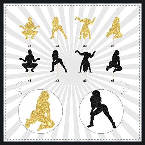 Cheereveal Cheereveal 24PCS Twerk Cupcake Toppers, Black and Gold Glitter Pole Dancing Cupcake Toppers for Funny Halloween Bachelorette Adults Birthday Party Decorations