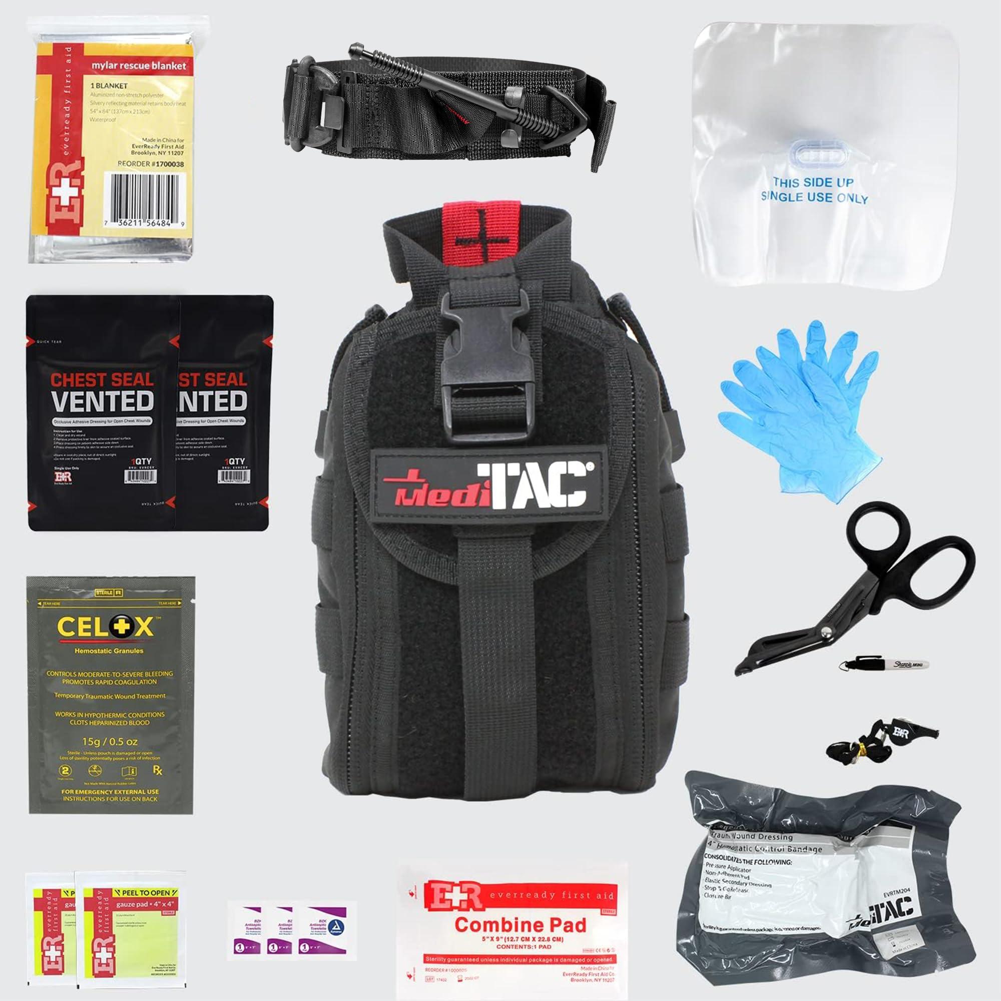MediTac Meditac Premium Tactical Trauma IFAK Kit with Celox Hemostatic Granules, SOF Tourniquet and Pressure Bandage in Molle Pouch, Bleeding Control Kit (Black)
