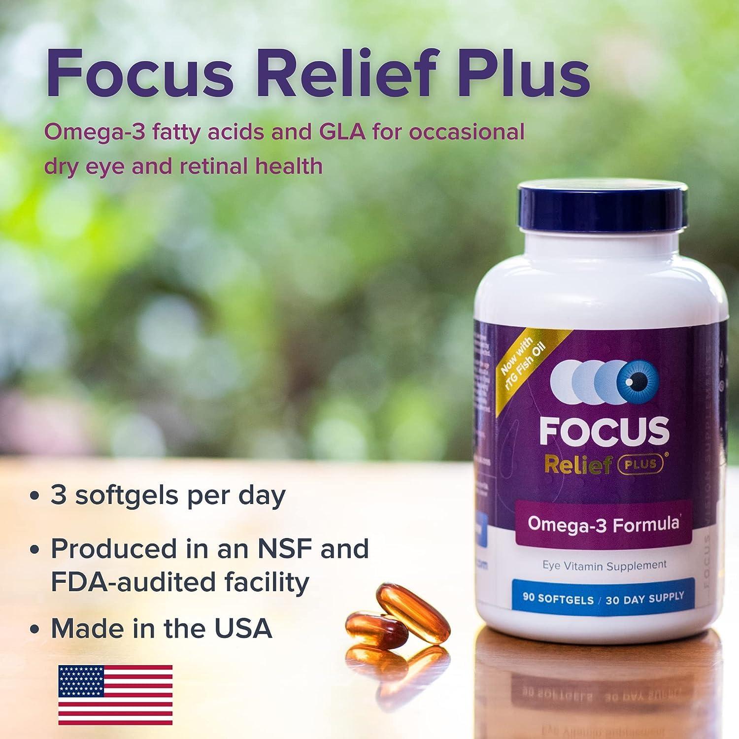 Focus Vision Supplements Focus Relief Plus Dry Eye Formula (180 ct. 60 Day Supply) Dry Eye Omega 3 Supplement - Dry Eye Relief Supplement - Omega 3 Fish Oil for Dry Eye