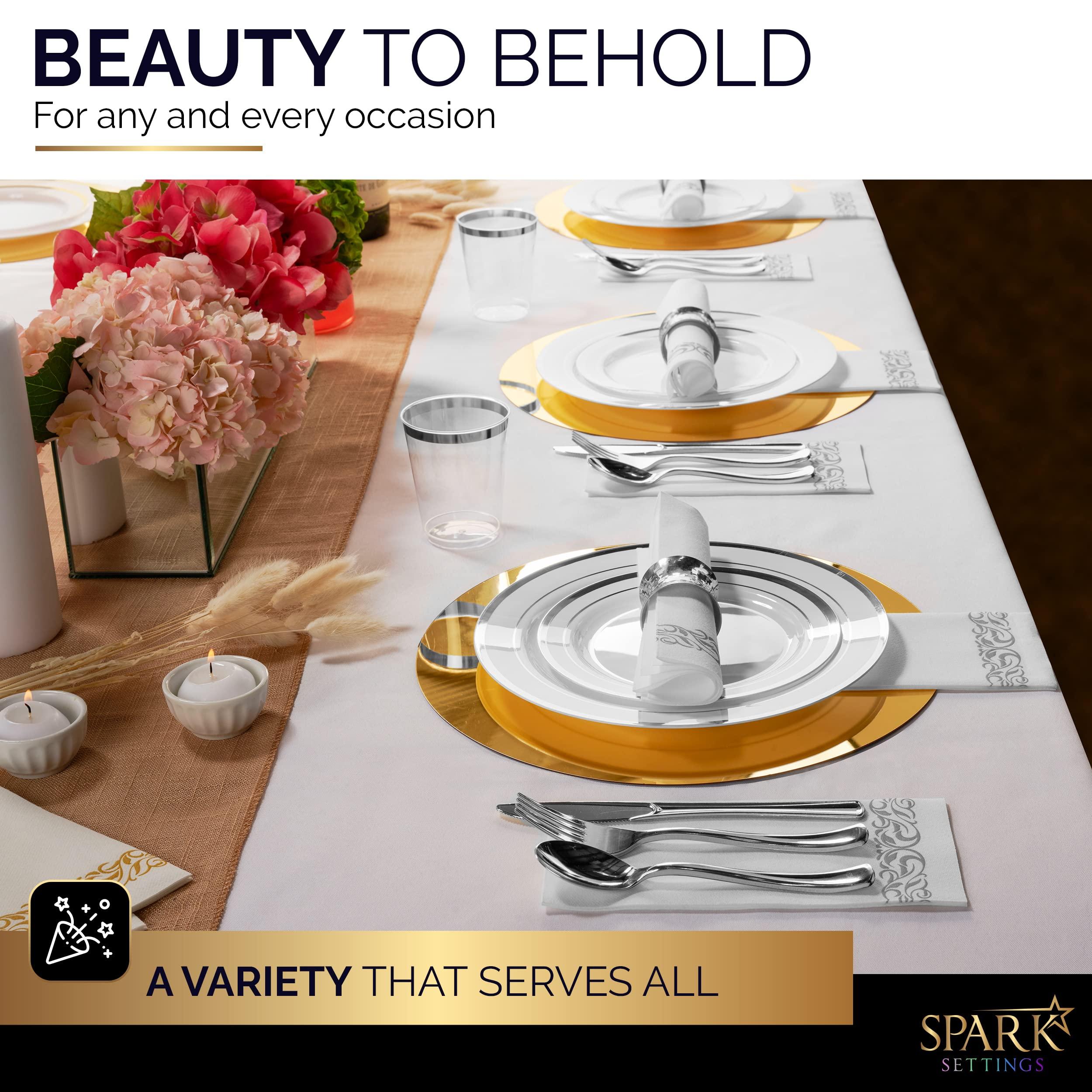 SparkSettings Silver Plastic Plates For Party - Silver Plastic Silverware - 350 PC Wedding Dinnerware Set For 50 Guests,100 Silver Plastic Party Plates, 50 Cups, 50 Silver Cutlery Sets & 50 Napkins-By SparkSettings