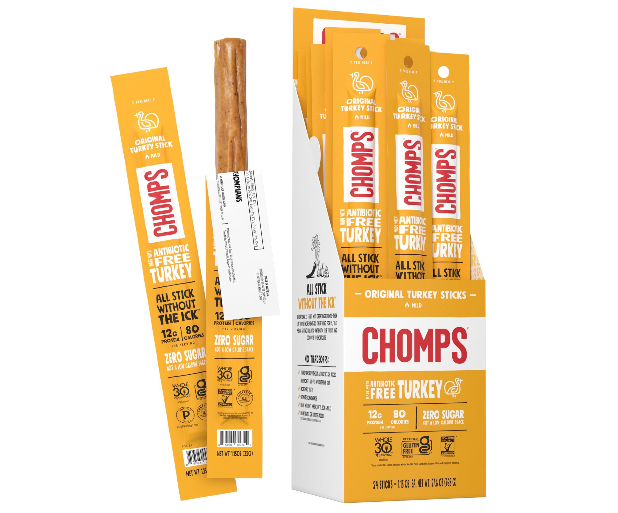Chomps Chomps Original Turkey Jerky Snack Sticks Keto Paleo Whole30 Approved Gluten Free 1.15oz (24 Pack)