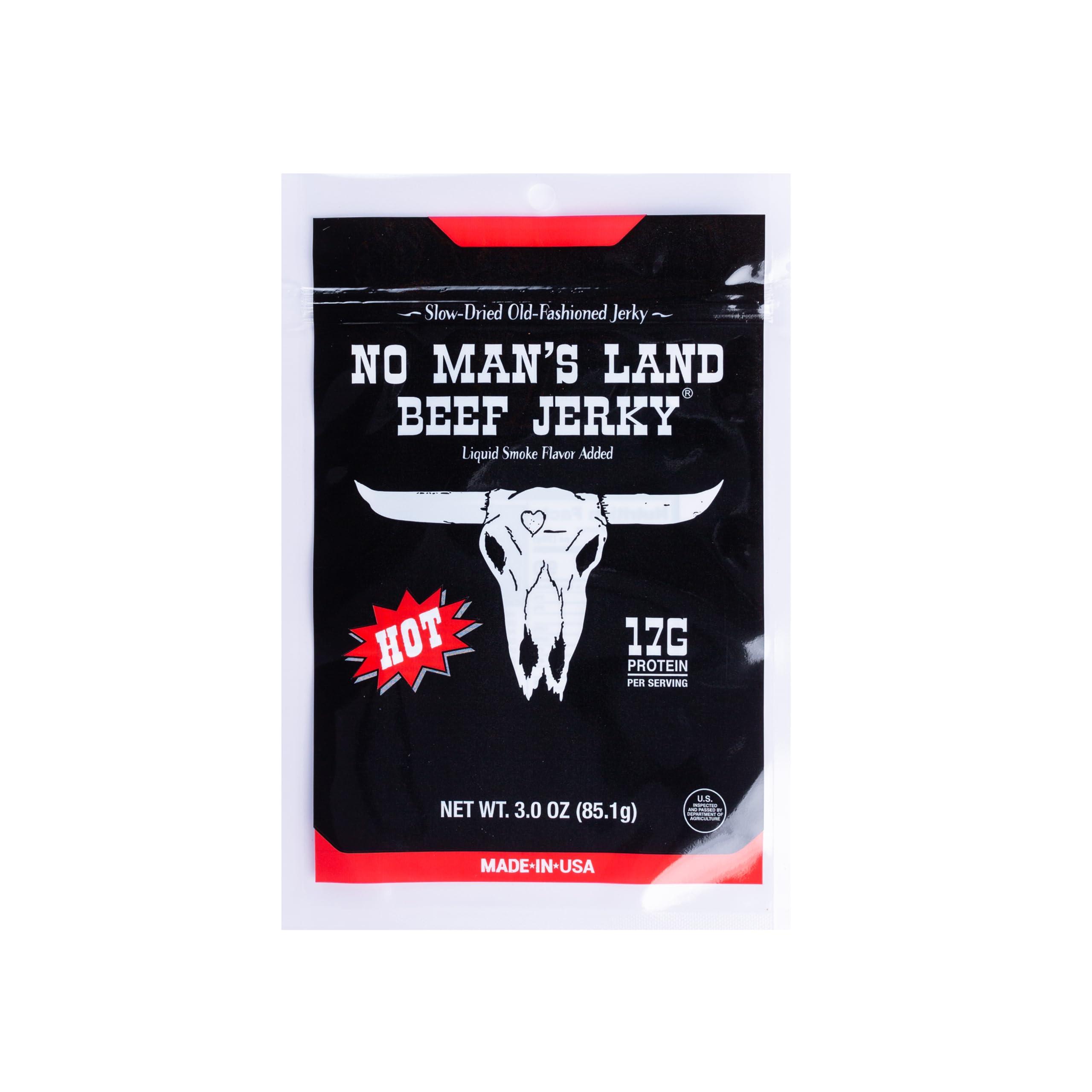 NO MANS LAND BEEF JERKY No Man’s Land HOT Beef Jerky High Protein Low Calorie Low Carb Beef Snack 3.0oz Bag