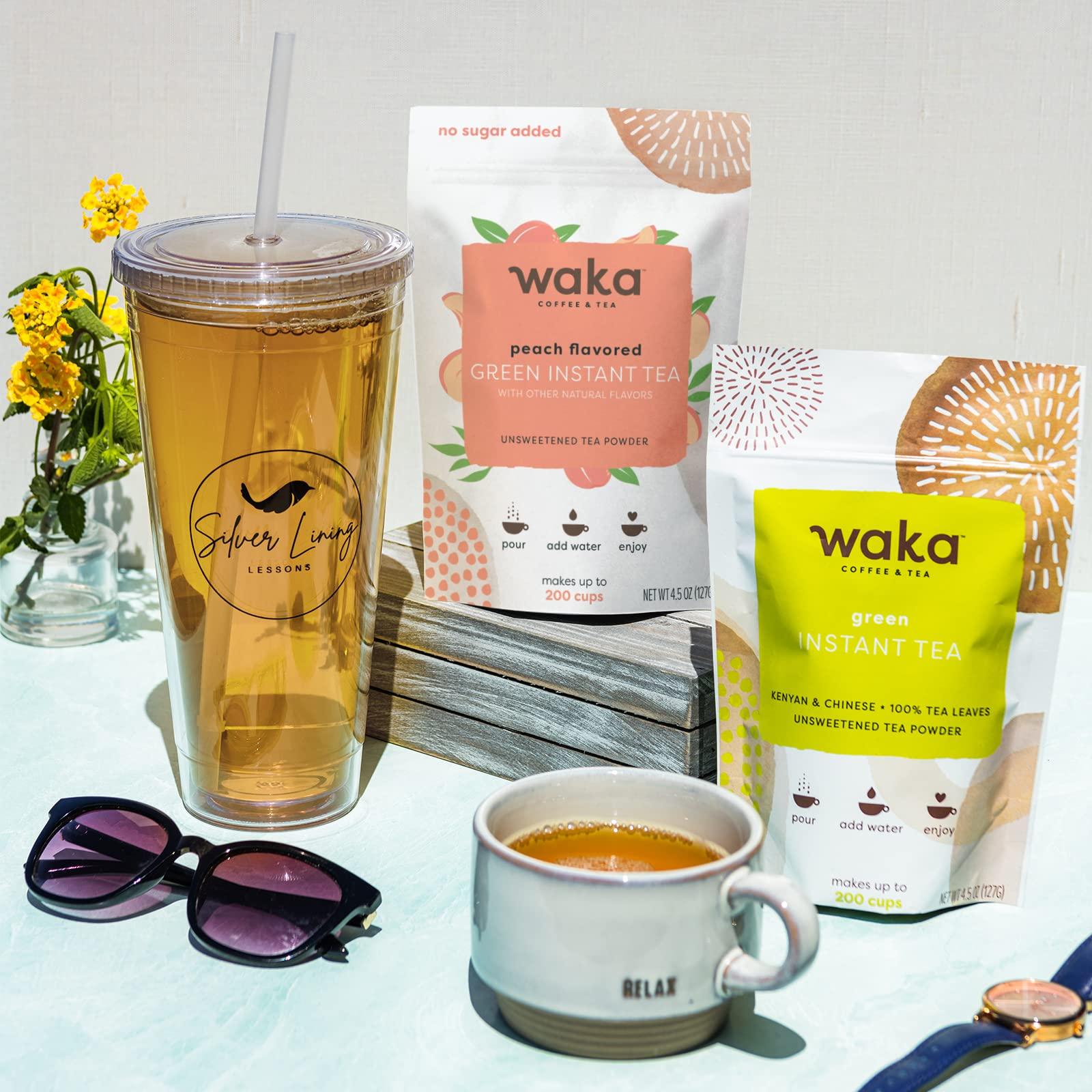 Waka Coffee Waka Instant Tea Mix, 2 Bag Bundle - 100% Tea Leaves, No Additives, Unsweetened Tea Powders - Classic & Peach Flavored Green (4.5oz Each)