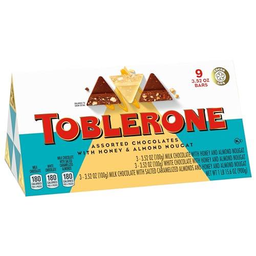 Toblerone Toblerone Chocolate Gift Box (Milk Chocolate, White Chocolate, & Milk Chocolate with Salted Caramelized Almonds Chocolate Bars), Valentines Day Chocolate Candy, 9 - 3.52 oz Bars