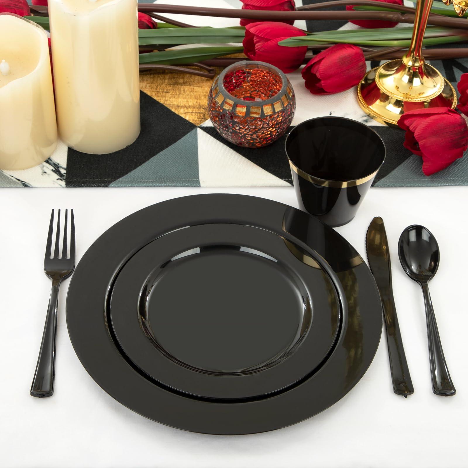 ejonirinjonir EI 350pcs Black Plastic Plates,Black Plastic Dinnerware,Pre Rolled Plastic Silverware Black,Black and Gold Cups, Black Cups and Plates for Party Suit for Halloween, Thanksgiving, Christmas