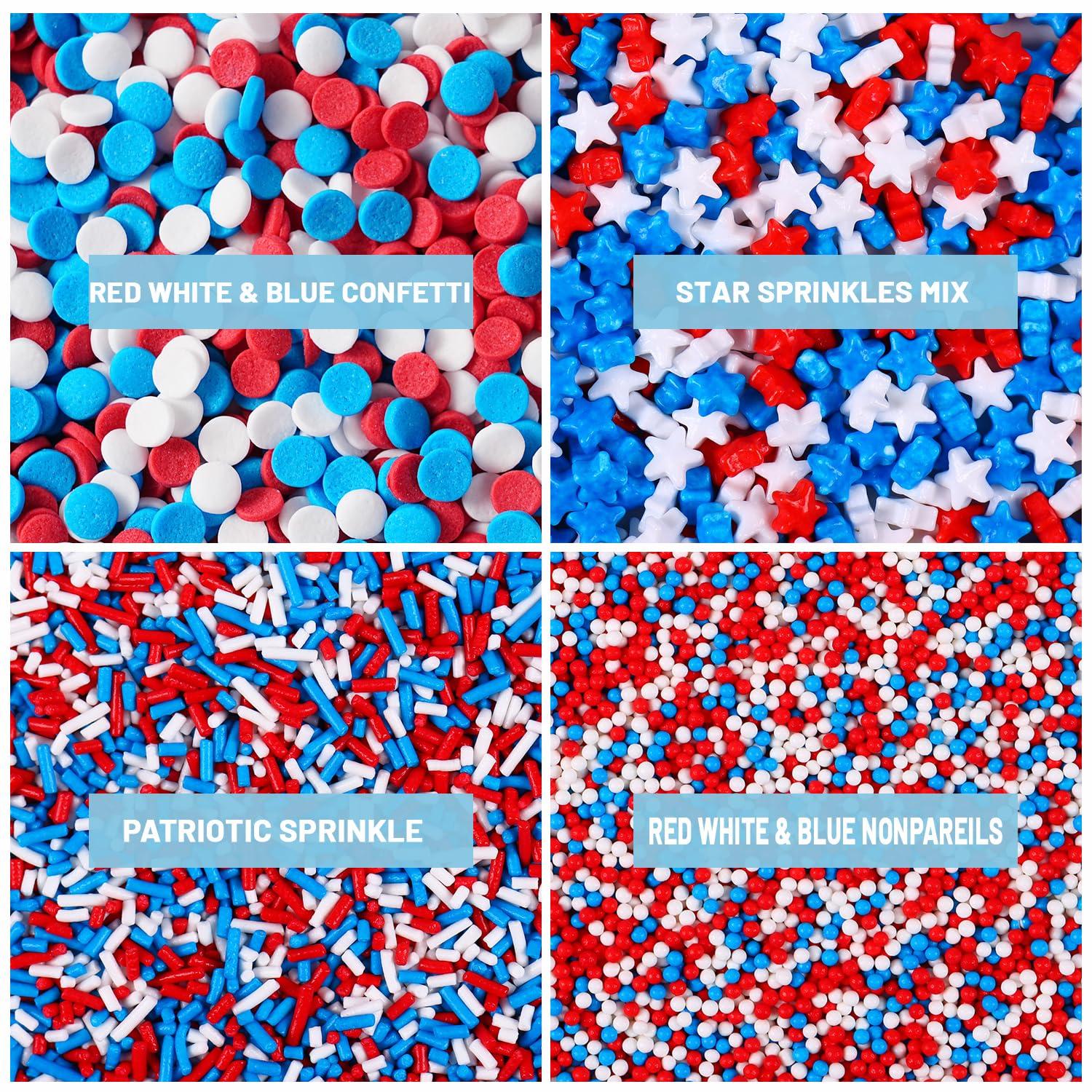 Milovin Edible Star Sprinkles for Cake Decorating, Patriotic Star Sprinkles, Red White and Blue Sprinkles, 4th of July Sprinkles for Patriotic Cupcakes, Cake, Macaron, Ice Cream Topping, and Cookies(120g/4.23oz)