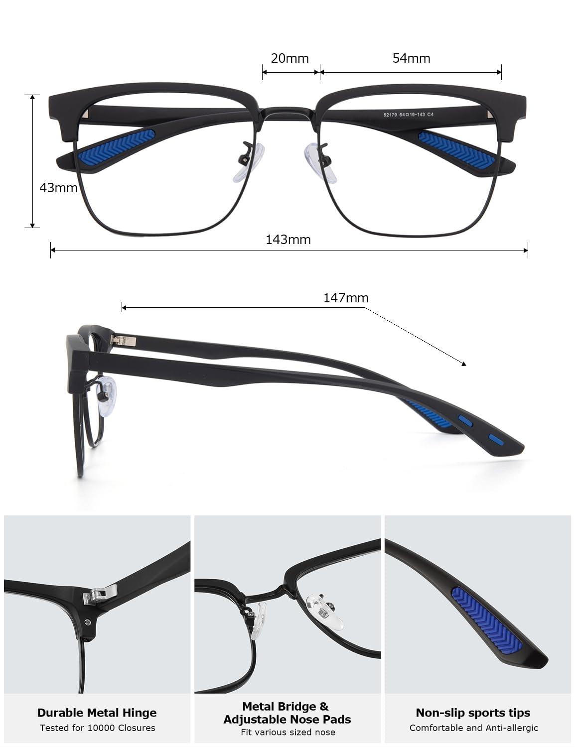 ZanyLen ZanyLen Blue Light Glasses Men Rectangle Large Browline Computer Gaming Glasses Blue Blocker Anti-Glare UV400 Protection Clear Lens (Black Metal/Black TR90 Glasses)