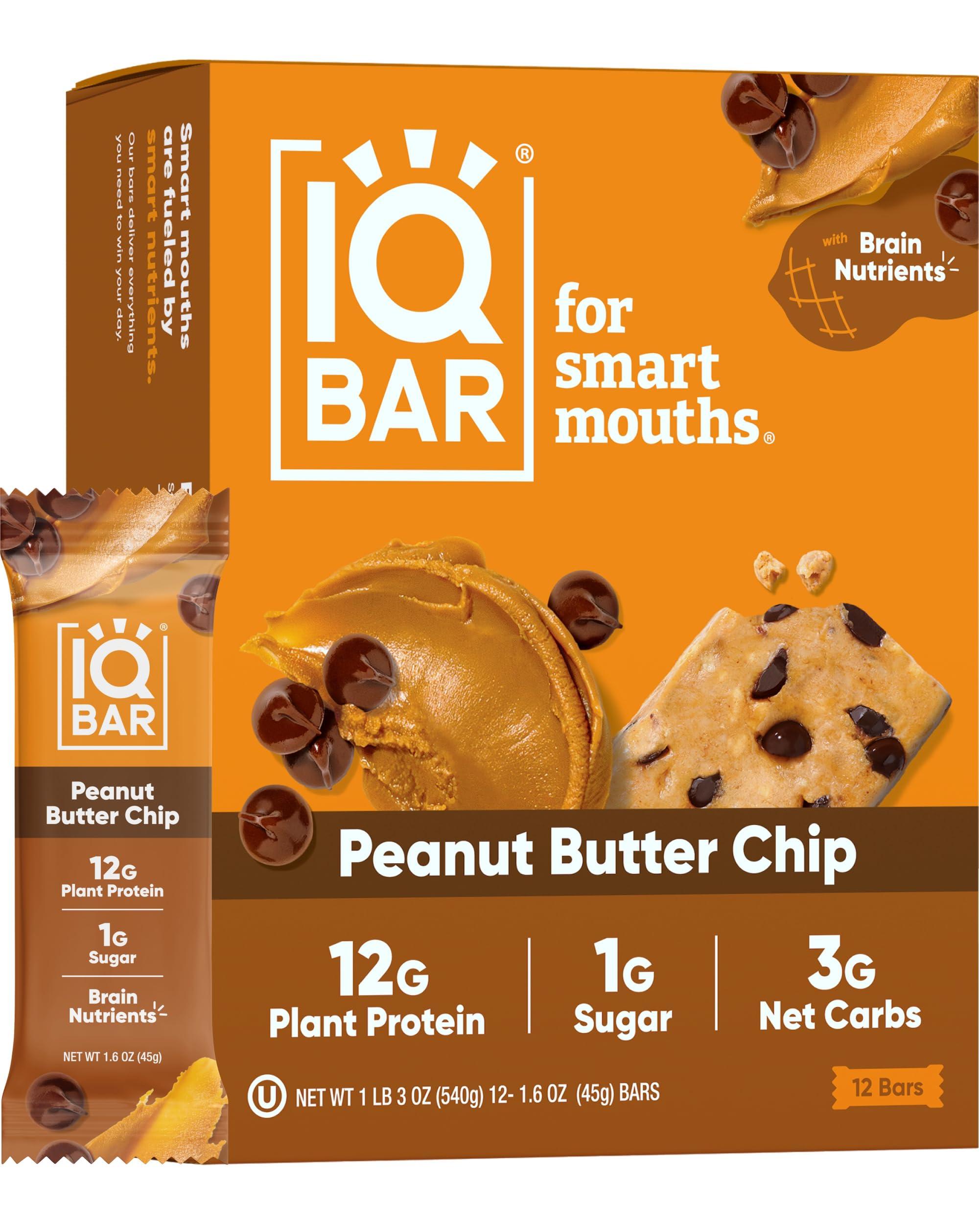 IQBAR IQBAR Brain and Body Plant Protein Bars - Peanut Butter Chip - 12 Count, Low Carb, High Fiber, Gluten Free, Vegan Snacks - Low Sugar Keto Energy Bars