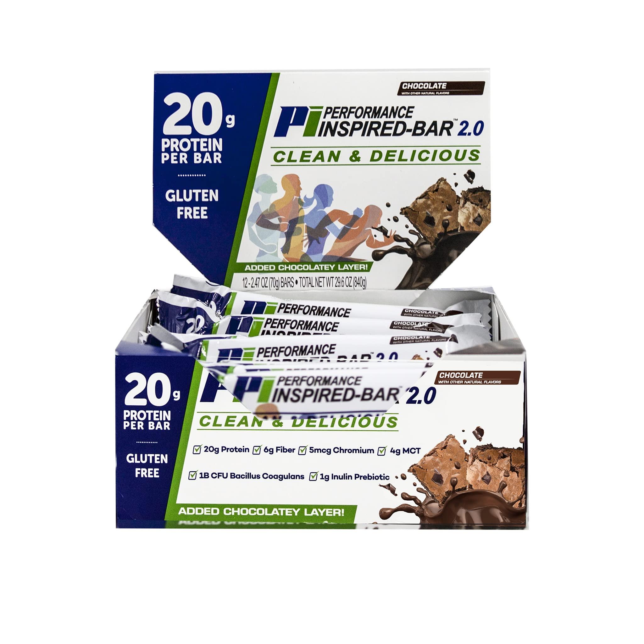 PERFORMANCE INSPIRED Performance Inspired Nutrition Protein Bar 2.0  20G Protein, 6G Fiber, 4G MCTs, 1 Billion CFU Probiotics  Gluten-Free  Chocolate Flavor  12 Count