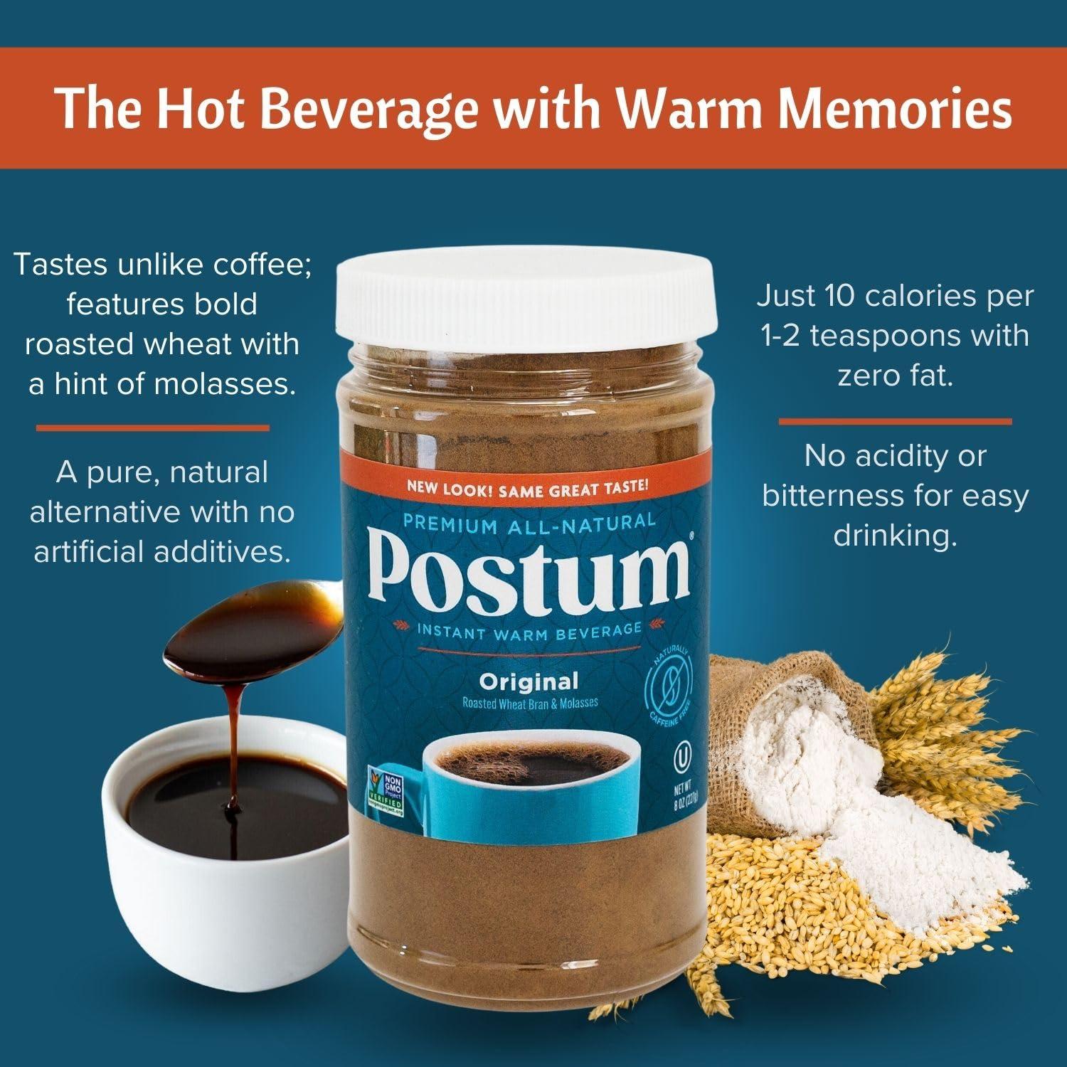 Postum Postum Original Coffee Substitute Caffeine Free Delight with Roasted Wheat Bran & Molasses (2 x 8oz) | Natural, Non-GMO, Vegan & Healthy Coffee Alternative Caffeine Free