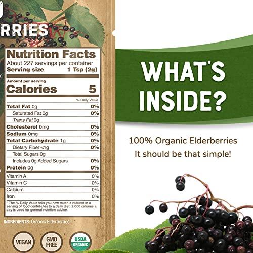 Nature's Greatest Foods Organic Dried Elderberries, 1 lb Bulk, Immune Boosting, No Additives, Non GMO, No Sugar Added, Wildcrafted, Non-irradiated, Sambucus Nigra, Product of Ukraine, Resealable Bag
