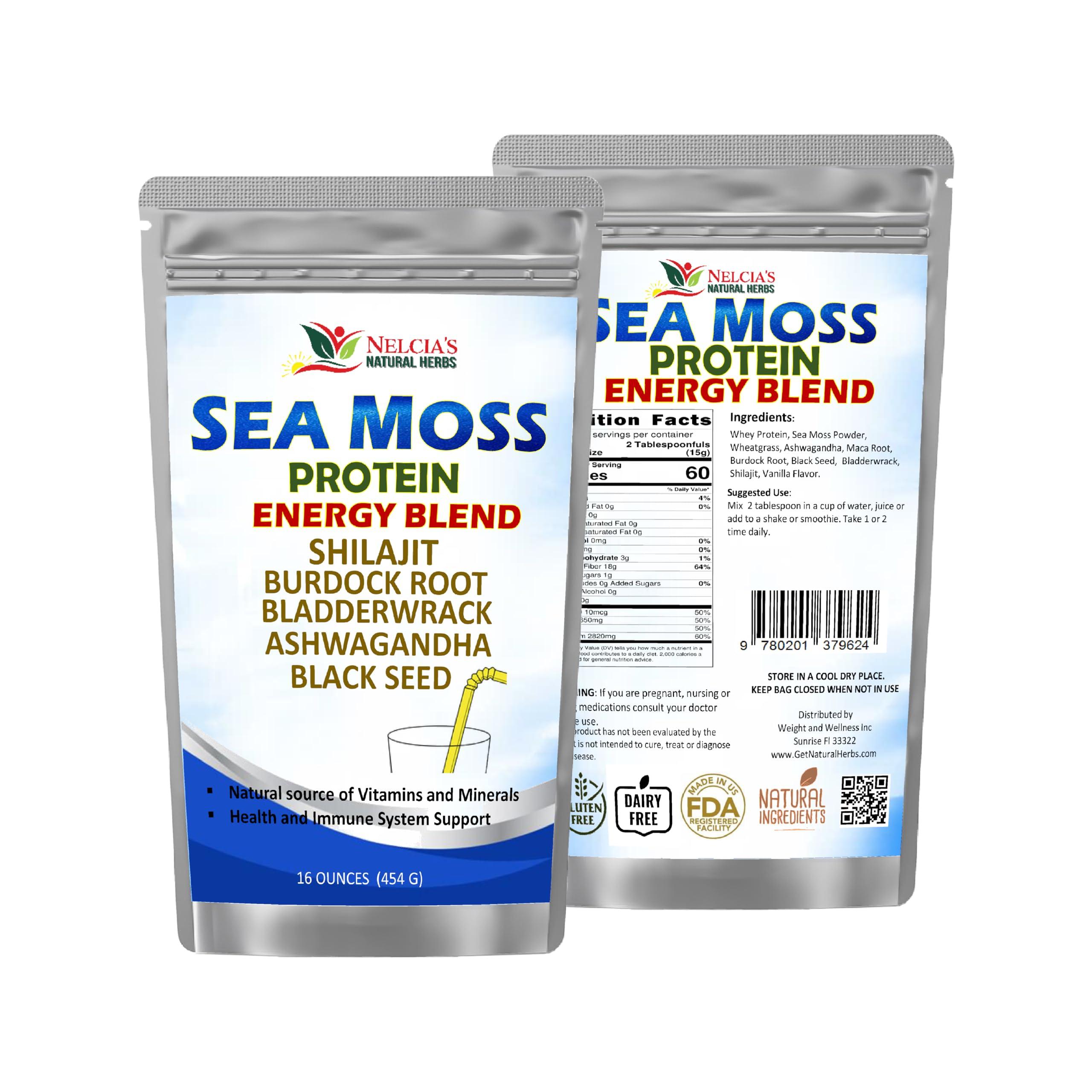 Nelcia'S Natural Herbs Nelcia'S Natural Herbs Sea Moss Ashwagandha Protein Powder -Natural Irish Sea Moss, Bladderwrack and Burdock Root, Black Seed and Shilajit Powder (16oz)
