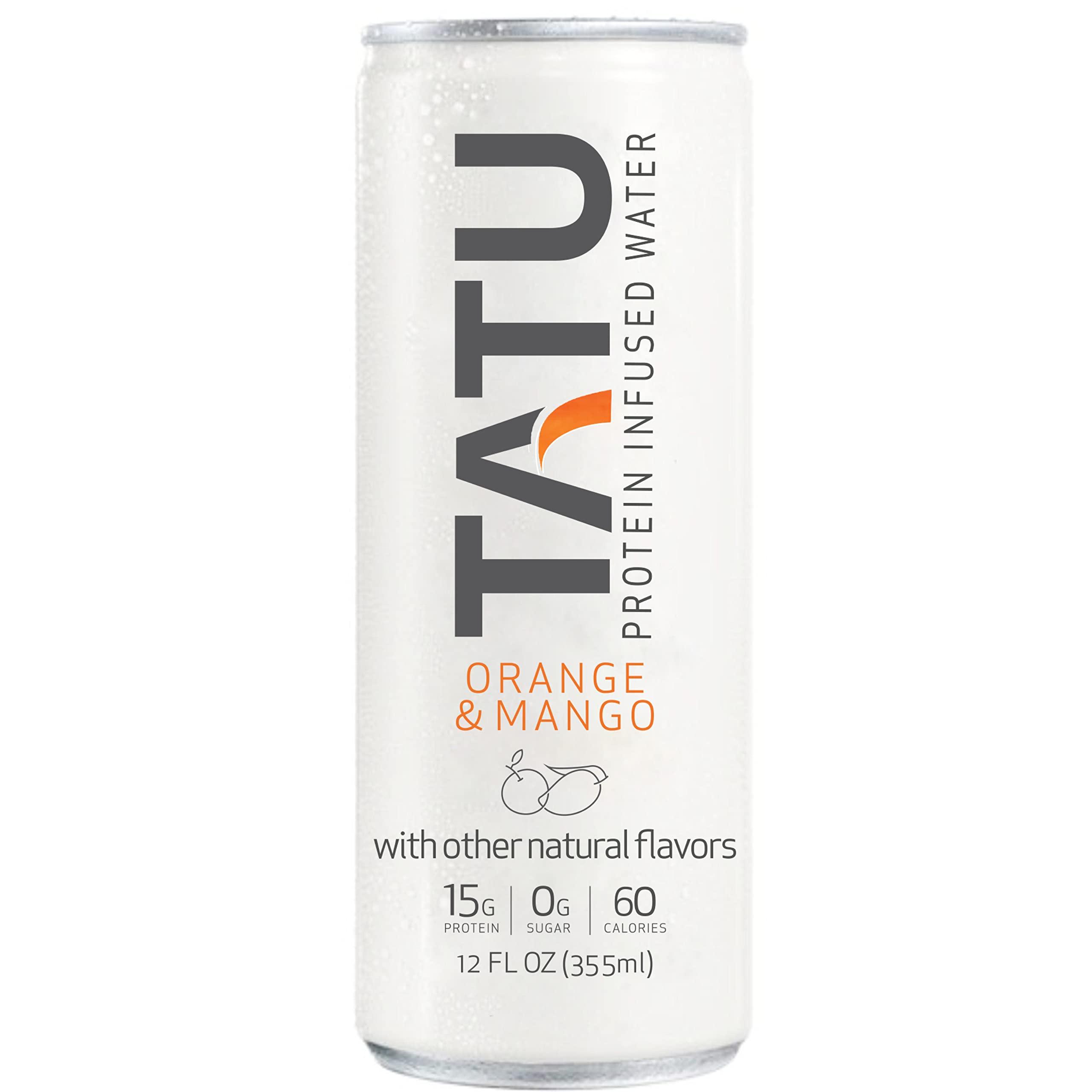 TATU TATU Ready-To-Drink Protein Infused Water Orange Mango 24 Pack. 15 grams of whey protein isolate, 0 grams of sugar, only 60 calories. Lemon Ginger and Orange Mango. Gluten Free, lactose free.