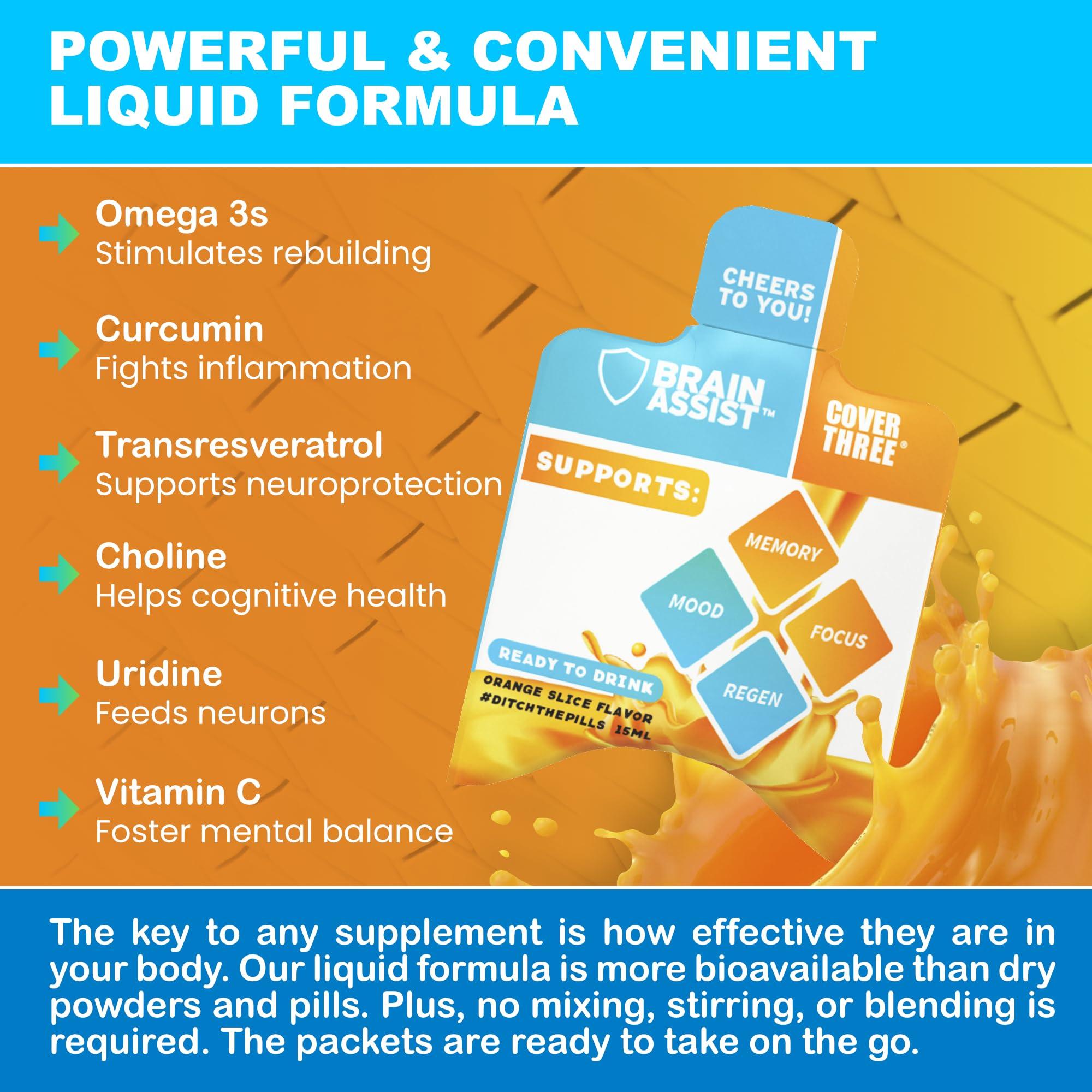 Cover Three Cover Three Brain Assist Brain Supplement, Nutritional Focus Supplement with Curcumin, Uridine, Orange Slice Liquid Brain Support Formula, High Performance Memory Supplements