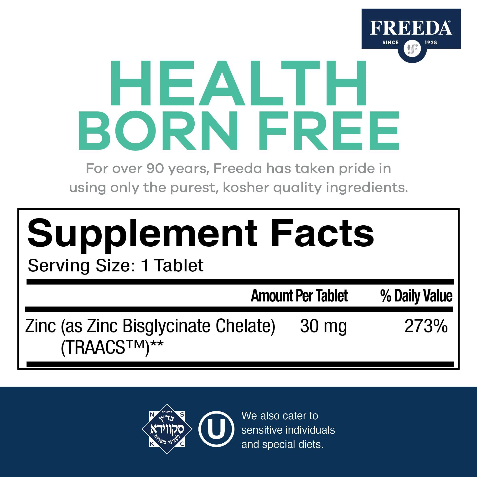 FREEDA Freeda Chelated Zinc Supplement - Kosher 30 mg Zinc Chelate Zinc Tablets as Albion TRAACS Zinc Bisglycinate - Zinc Chelated for Adults - Pure Zinc 30mg - Zinc for Men & Women - (250 Tiny Tablets)