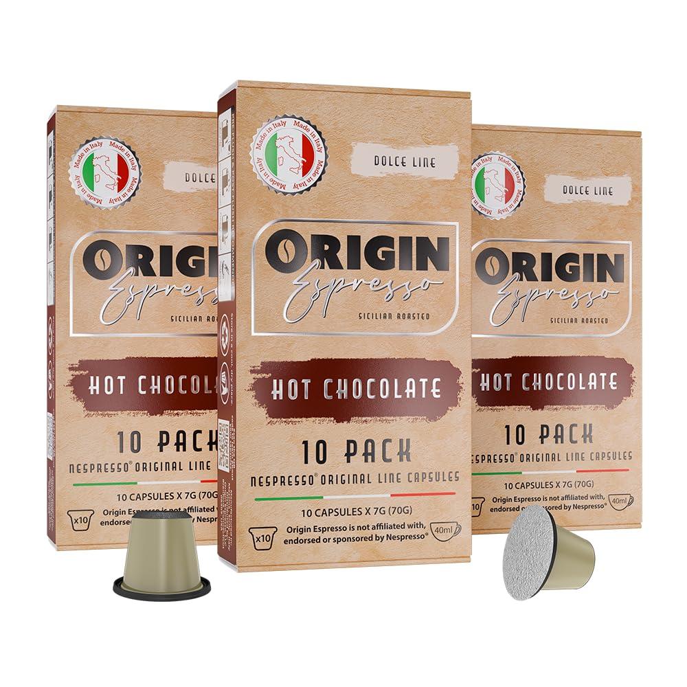 Origin Espresso Hot Chocolate Capsules for Nespresso Original Machine 30 Count Hot Cocoa Pods, Single-Serve Nespresso Original Line Compatible, Made in Italy (Hot Chocolate, 30)