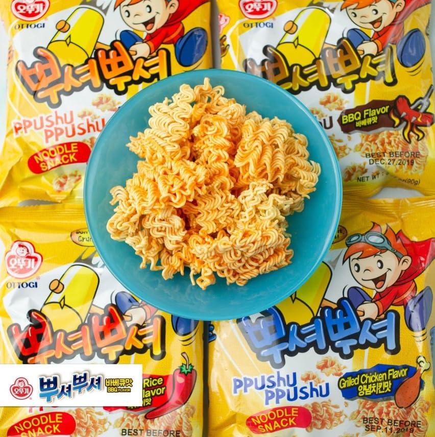 Ottogi OTTOGI PPUSHU PPUSHU Crush to Eat Noodle Snack - 2 of each Bbq, Bulgogi, Grilled Chicken, Spicy Rice Cake Flavors Variety Pack (90g) - 8 Pack