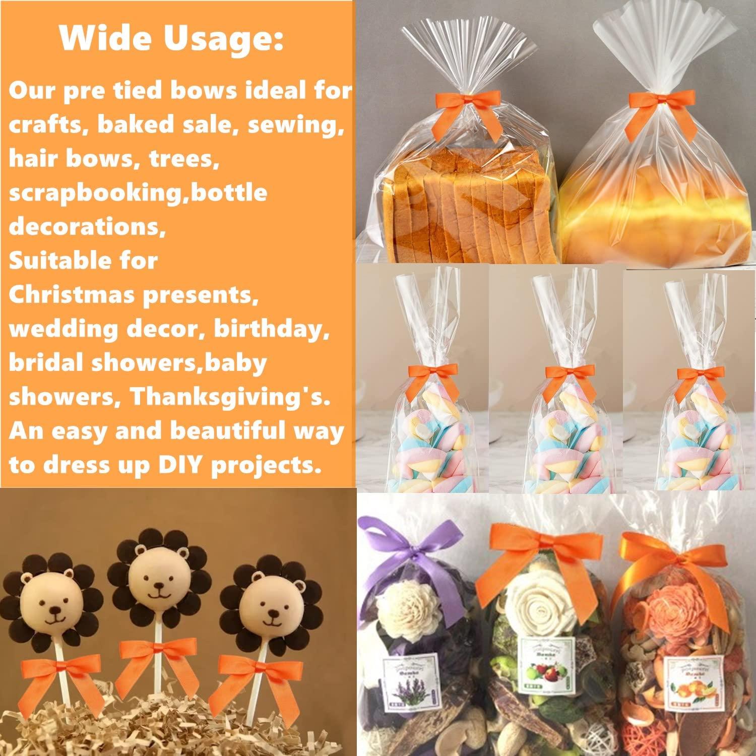 GUIFIER GUIFIER 100 Pack Orange Pretied Bows, 3\" Satin Ribbon Twist Tie Bows for Treat Bags, Pre Tied Ribbon Bows Twist Tie for Crafts, Twist Bows Tied Bows with Wire for Gift Bags, Popcorn Bags, Candy Bags