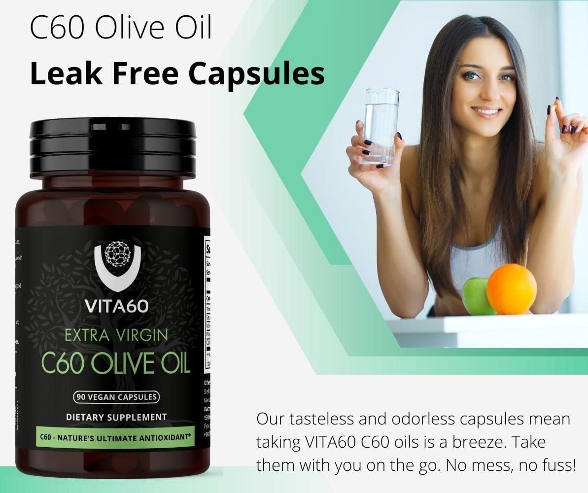 VITA60 VITA60 C60 Oil Capsules | Age-Defying Vitality and Antioxidant Support | 99.99% Pure Solvent Free C60 | Organic Oil | Vegan Friendly | Superior Customer Service (Olive Oil)