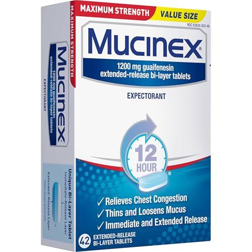 Mucinex Mucinex 12 Hour Maximum Strength 1200 mg Guaifenesin Extended-Release Tablets for Excess Mucus Relief, Expectorant Aids Excess Mucus Removal, Chest Congestion Relief, 42 Tablets
