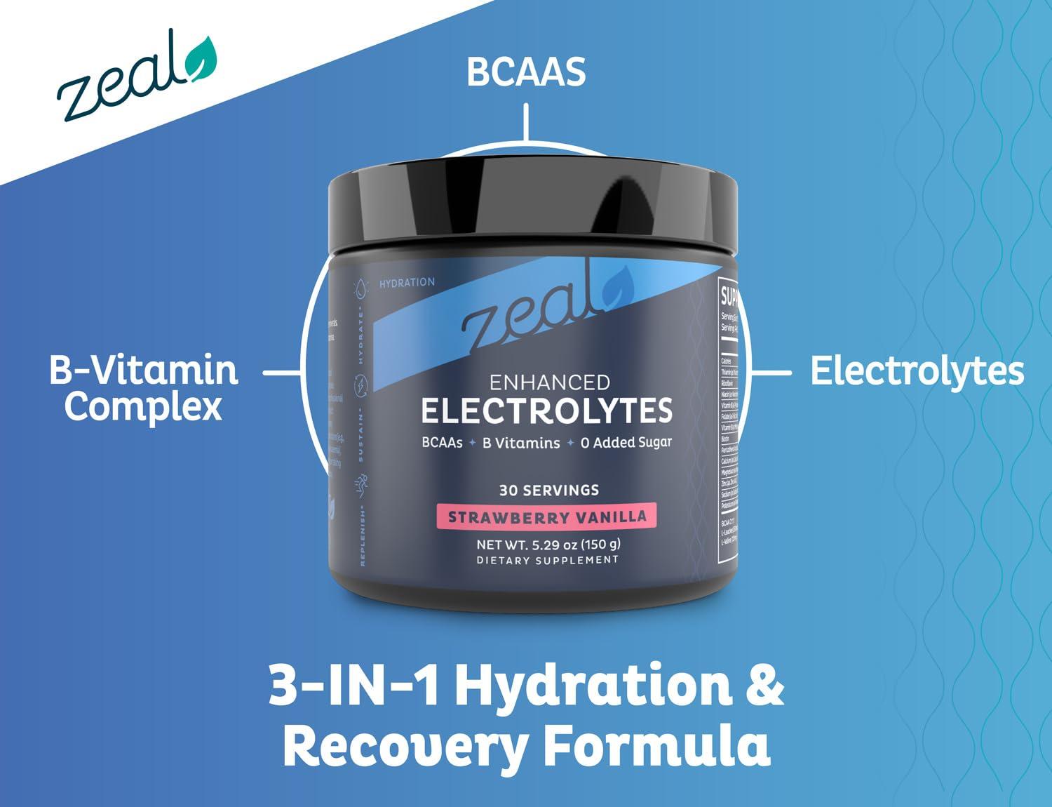 Zeal Naturals Zeal Electrolyte Powder Recovery Drink (30 Servings | Strawberry Vanilla) w 0 Sugar +BCAAs +B-Vitamins Electrolyte Supplement w Potassium Zinc & Magnesium for Hydration - Keto Electrolytes