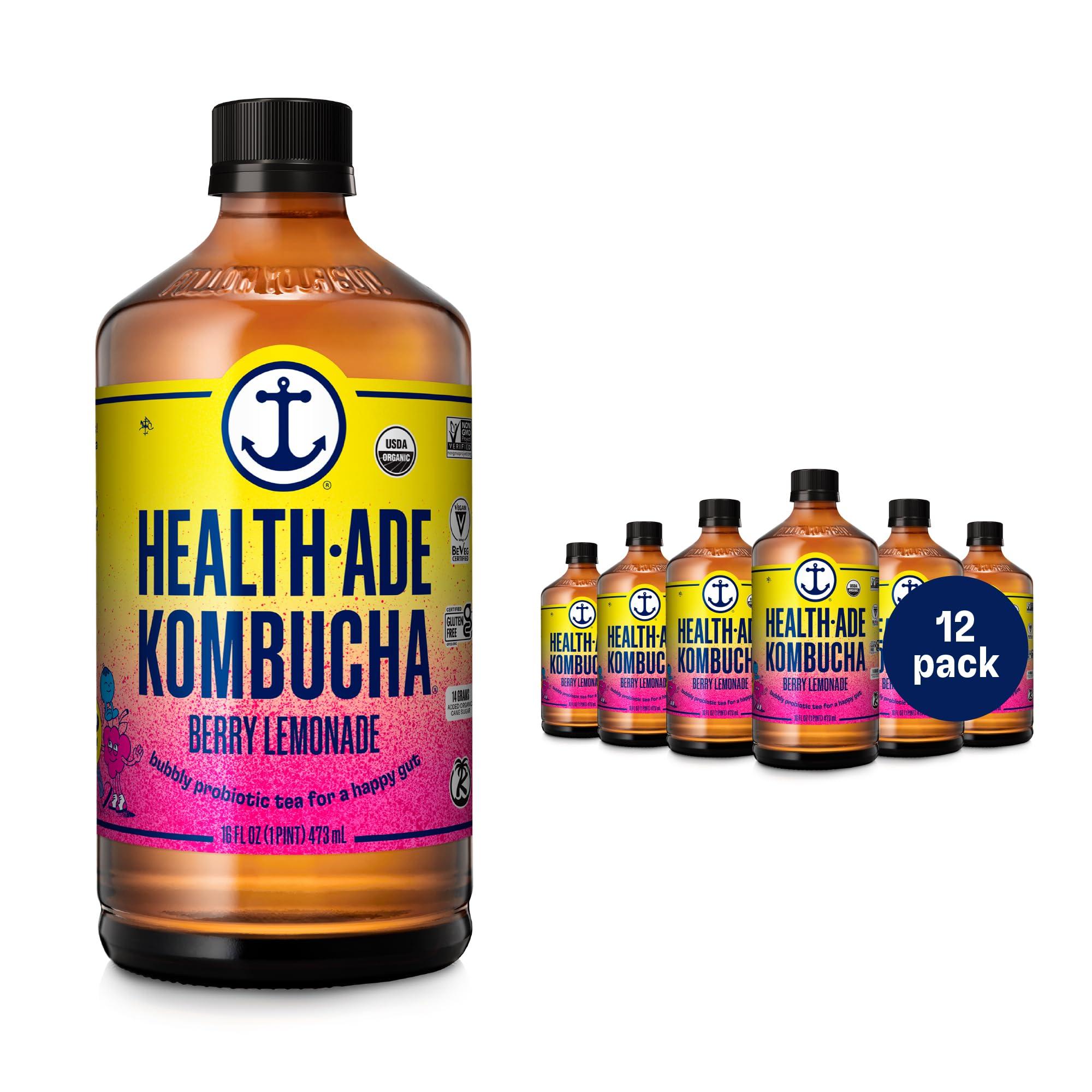 Health-Ade Health-Ade Kombucha Tea Organic Drink, Fermented Tea with Living Probiotics, Detoxifying Acids, Supports Gut Health, Non-GMO, Vegan, Gluten Free, 12 Pack (16 Fl Oz Bottles), Berry Lemonade