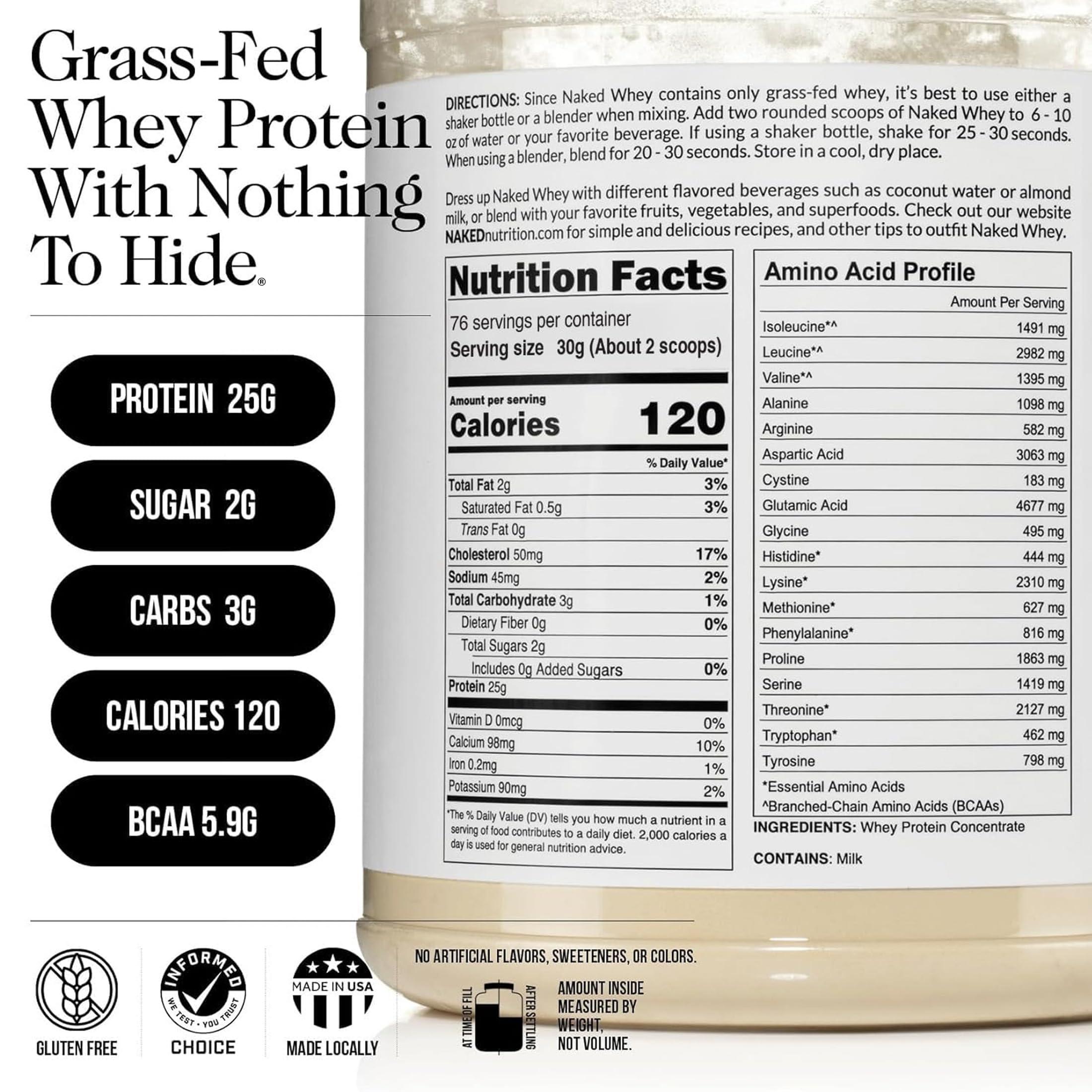 NAKED nutrition NAKED WHEY 5LB 100% Grass Fed Unflavored Whey Protein Powder - Only 1 Ingredient, Undenatured - No GMO, Soy or Gluten - No Preservatives - Promote Muscle Growth and Recovery - 76 Servings