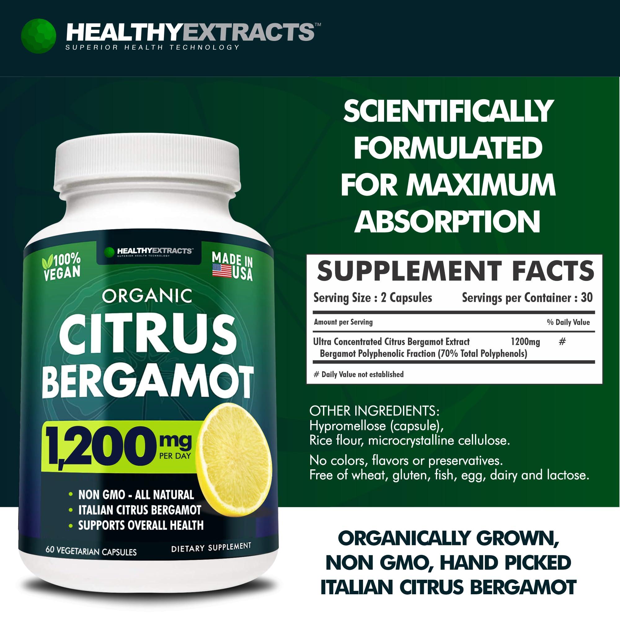 HEALTHYEXTRACTS Healthy Extracts Citrus Bergamot Supplement  150:1 Extract, 1200mg per Serving, 80% Polyphenols, Supplement for High Cholesterol, Italian Sourced, 60 Count, 1 Month Supply, Made in the USA